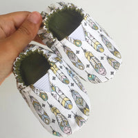 FEATHERS + OLIVE Reversible Moccasins